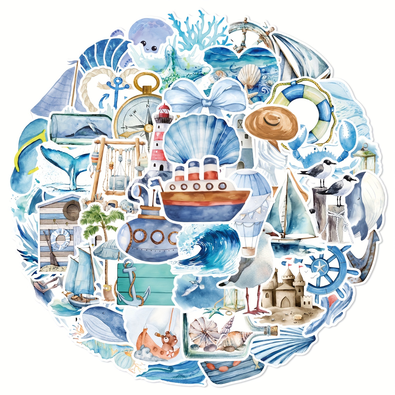 Image of 50pcs Stickers - Vibrant Nautical Designs For Laptops, Phones, Books & Musical Instruments - Diy Decoration & Holiday Gifts, Beach Accessories