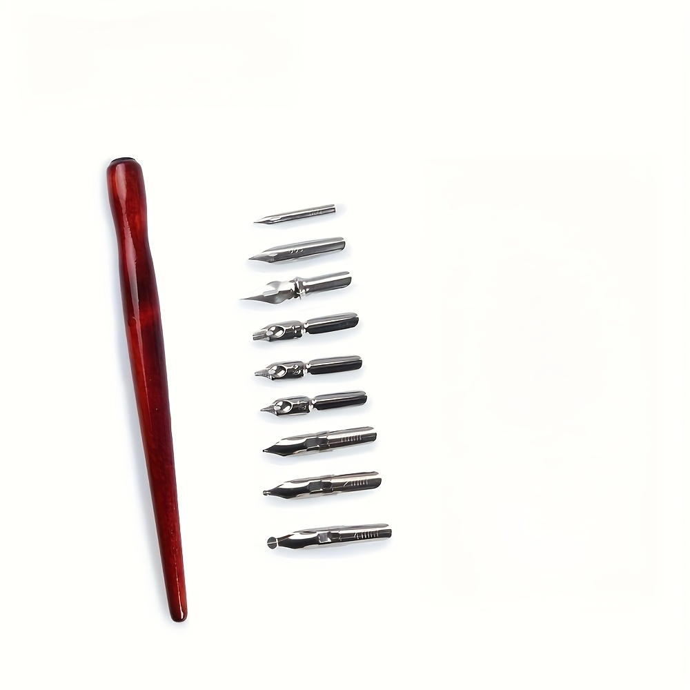 Image of Seamiart Calligraphy Dip Pen Set With 9 Refillable Nibs And Wooden - Medium Point, Oval Body Shape, Hand Orientation - Ideal For Lettering, Art Drawing And Cartoon Animation