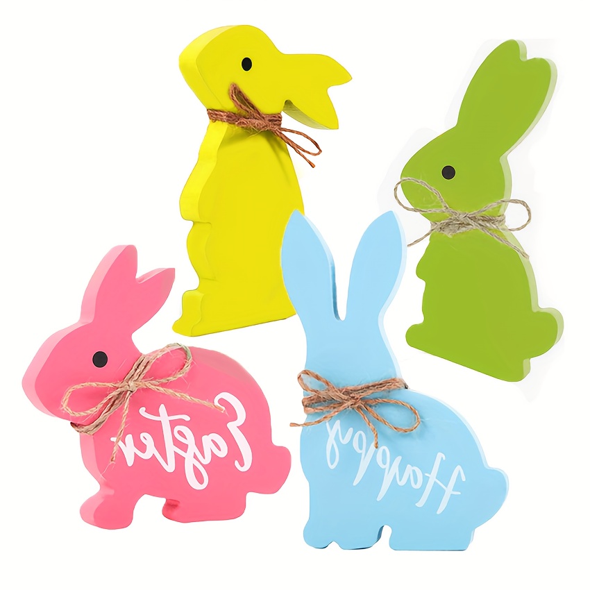 4pcs wooden bunnies easter decorations for the home easter table decor cute easter bunny decor with jute twine bow spring decorations easter tiered tray decor for party favors tabletop indoor