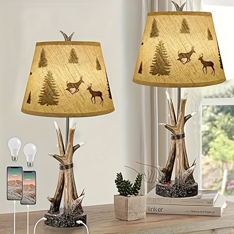 

Farmhouse Deer Table Lamps For Living Room Set Of 2, 3-way Dimmable Touch Rustic Bedside Lamp For Bedroom, Western Resin Nightstand Lamps With 2 Usb For Country Cabin, 2 Bulbs Included