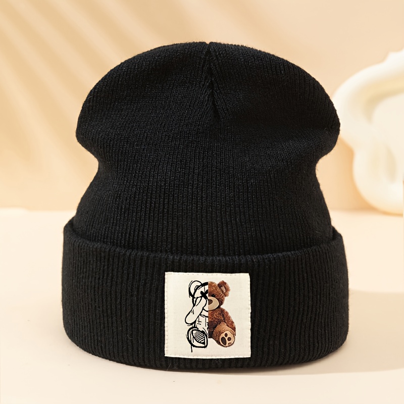 TEMU A Cartoon Bear Printed Fabric Label Knitted Hat, Warm Autumn And Winter Season Unisex Beanie, Outdoor Warm Brimless Beanie Outdoor Cycling Ski