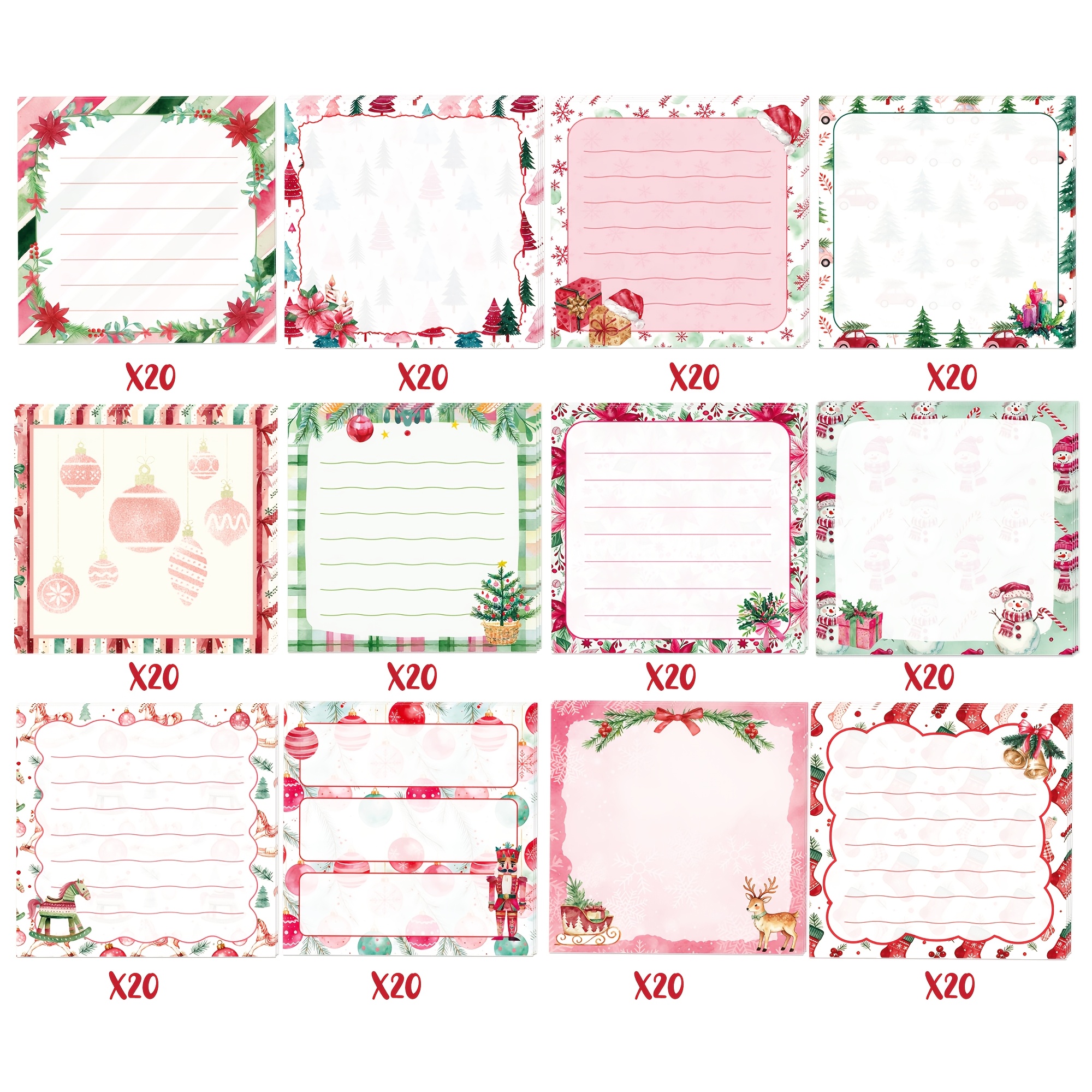 TEMU Lot de 12 (240 pages) Bloc-notes autocollants de Noël, rose et vert, avec de sapin de Noël et boule de Noël, pour cadeau de fêtes d'hiver