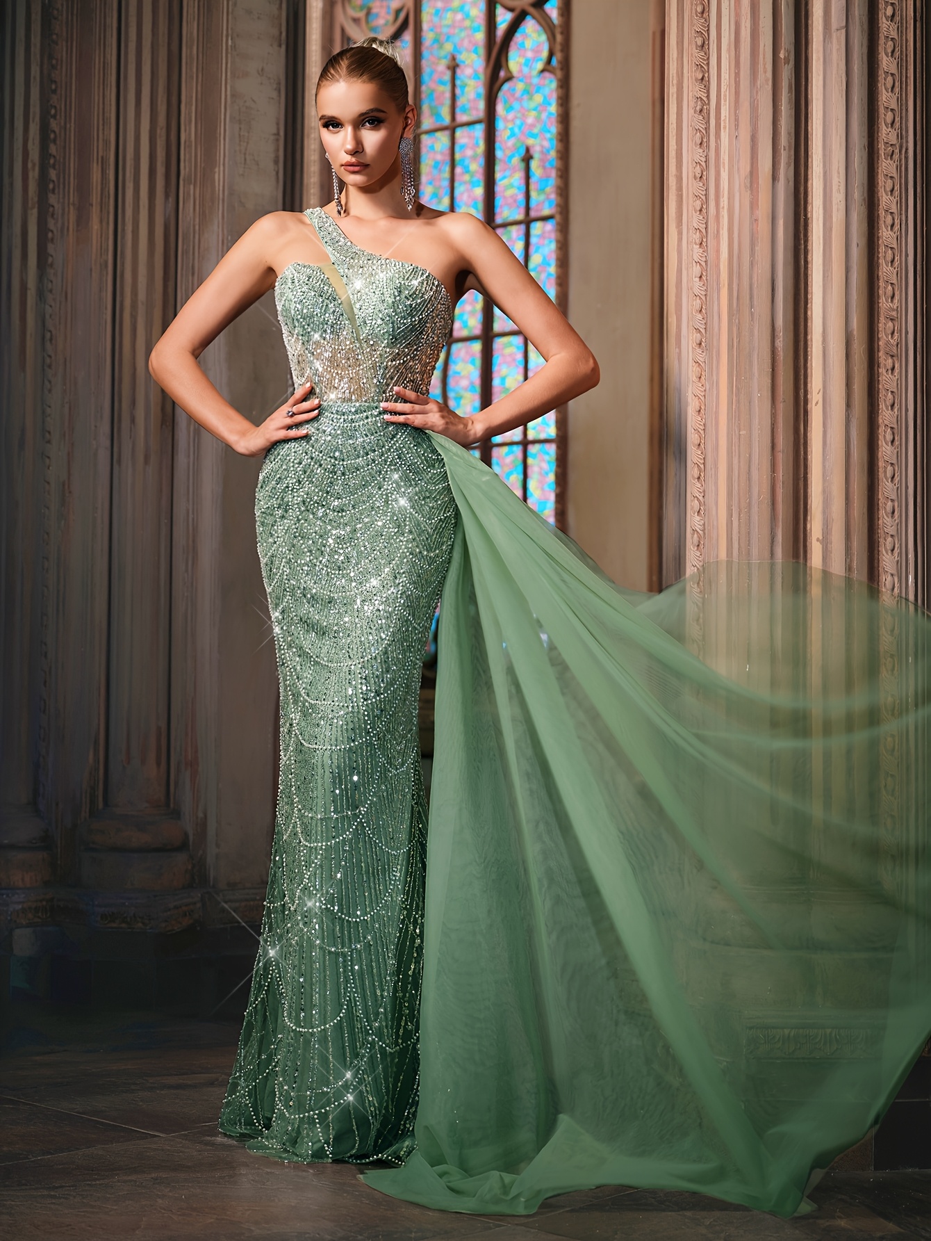 emerald green sequin shoulder mermaid gown flowing train Temu