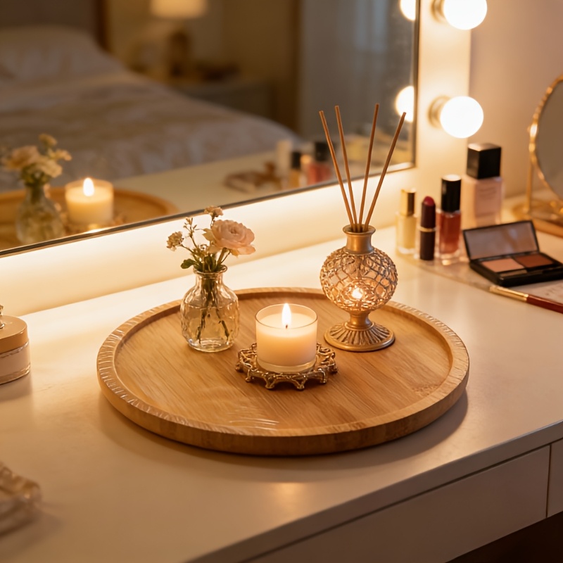 Image of 8.27-inch Round Bamboo Tray, Country , Ideal For Indoor And Outdoor Dining Tables, Serves As A Candlestick For Festive Decor (non-food Contact)