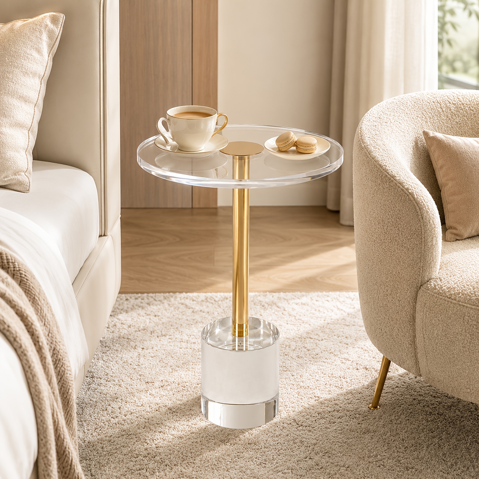 Image of Clear Acrylic Side Table, Round Coffee Table With Golden Metal , Modern Pillar-legged Table For Bedside, Sofa, 30 X 30 X 54.3cm