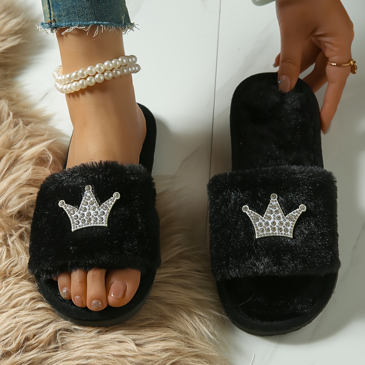 

Rhinestone Crown Fluffy Home Slippers, Soft Sole Bedroom Plush Lined Shoes, Non-slip Floor Mute Slippers