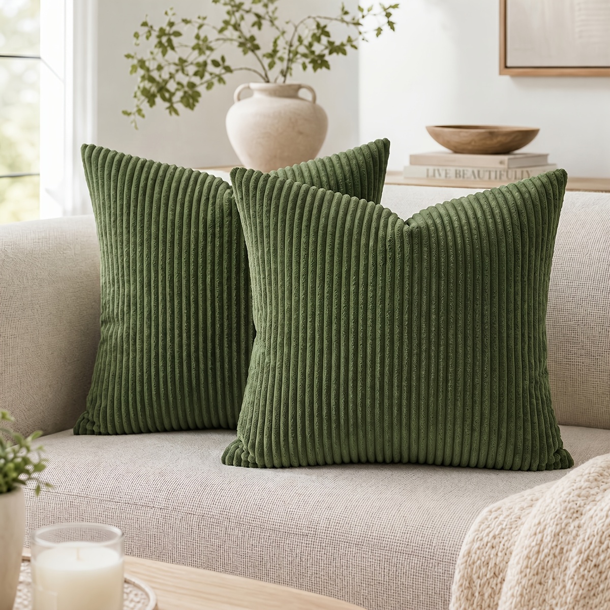 TEMU 24 Colors, 2pcs, Fall Farmhouse Corduroy Striped Decorative Throw Pillow Covers, 12x20/16x16/18x18/20x20in, Soft Boho Vintage Pillowcases For