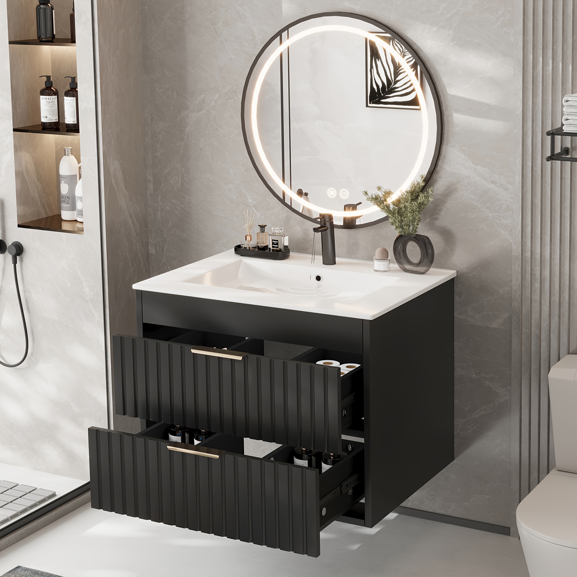 Wall Mounted Floating Bathroom Vanity - Modern Storage Cabinet with Ceramic Sink