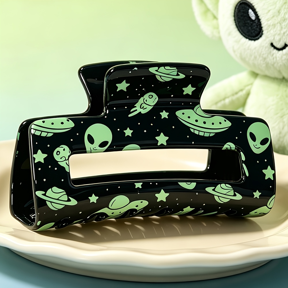 TEMU Space Print Hair Claw Clip, With Green Ufo Pattern Large Hollow