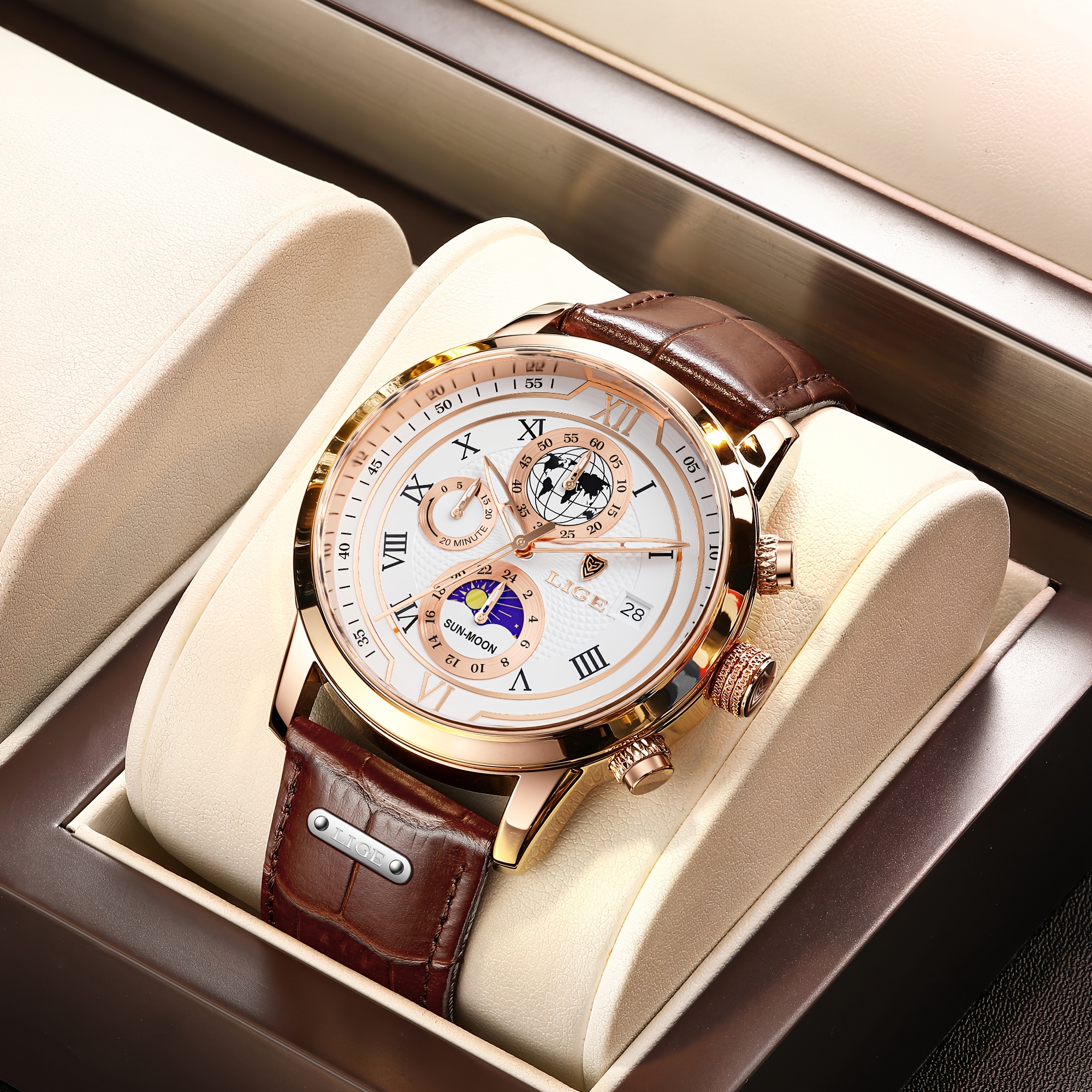 Image of Lige 3pcs (watch, Bracelet, Watch Box) Watch, Unisex Quartz Watch, With Date Display And Luminous Hands, Classic Three-, Fashionable For Business, Casual, And Sports. An For Birthday Or Holiday Gifts.