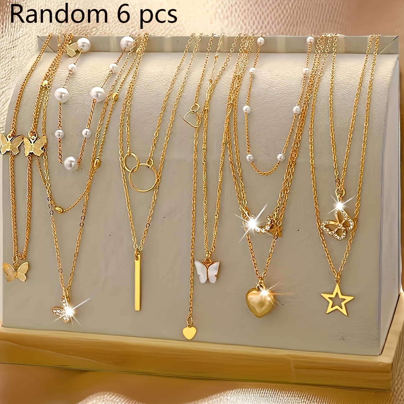Random 6pcs Set of Creative Fashion Pentagram Synthetic Zirconia Element Artificial Pearls Necklace Women'S Multi-Piece Set Golden Necklace Set Suitable for Going Out Wearing Beach Vacation Fashion Jewelry Gifts