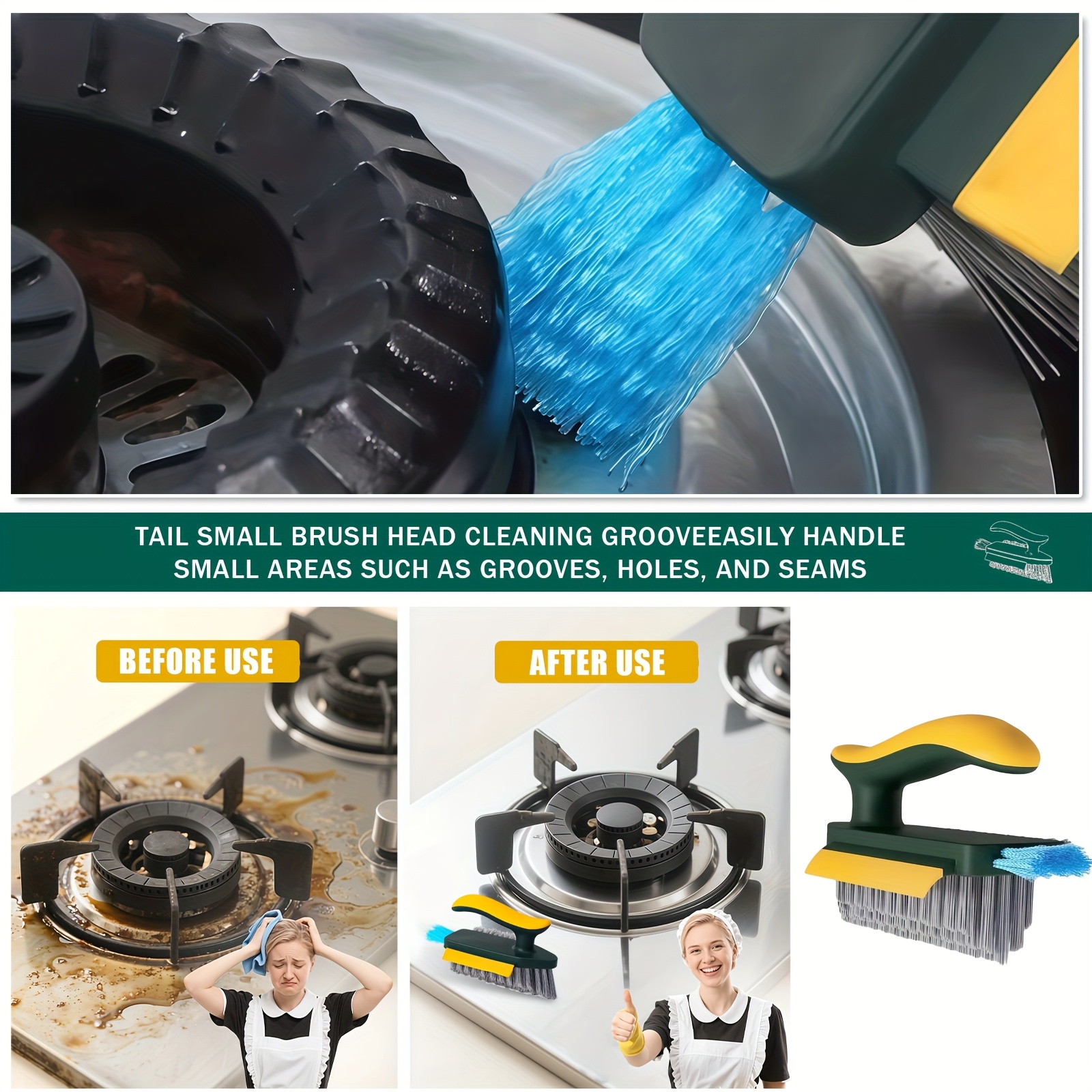 a versatile cleaning brush that can tight spaces   removes stains features bristles   sides is designed for   and is   portable and sturdy making it   cleaning bathrooms kitchens and living rooms Product details 5