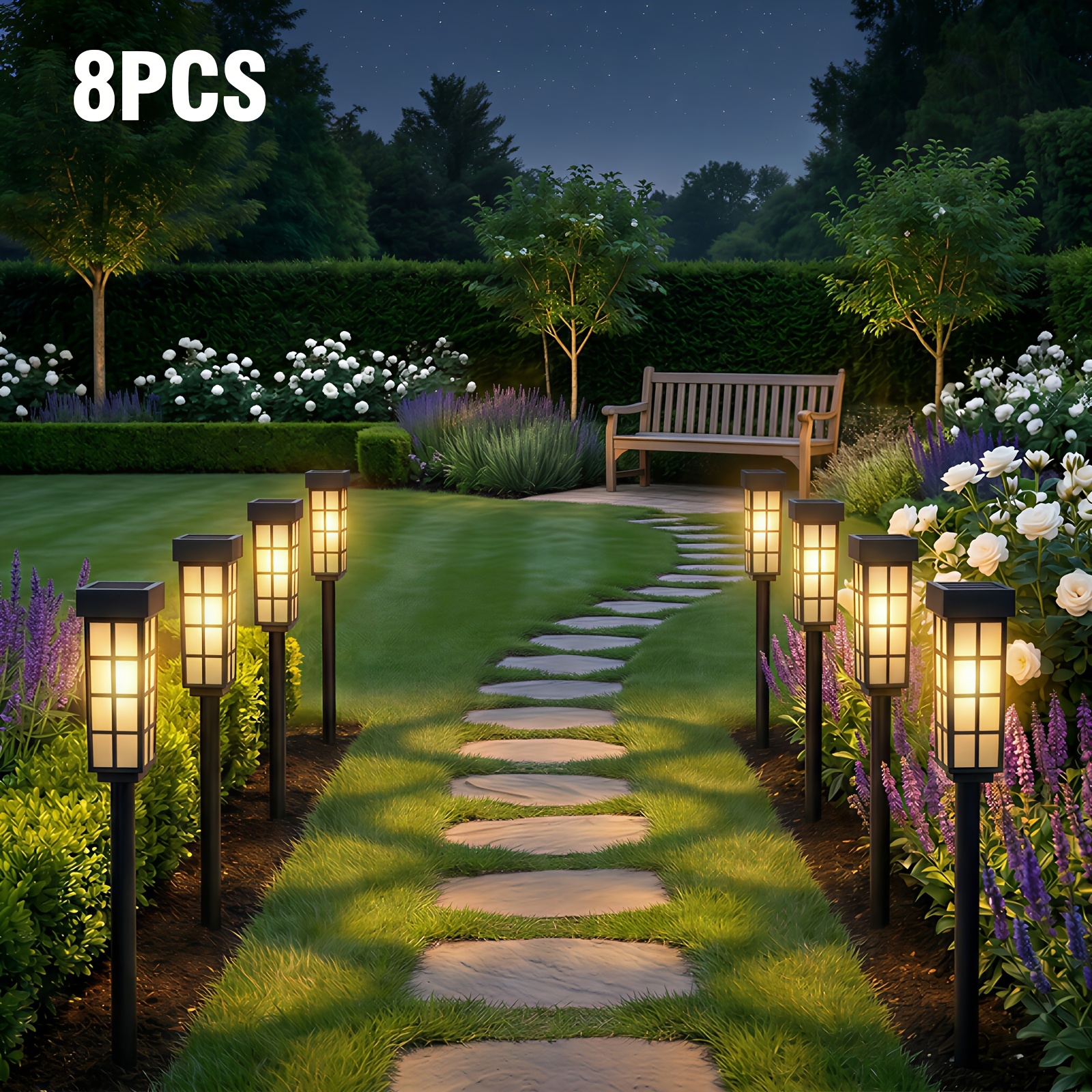 TEMU 8 Pack Frosted Glass Solar Pathway Lights, 24 Inch Tall Ip44 Waterproof Warm White Led Landscape Lamps, Auto Dusk Sensor Solar Garden Lights For