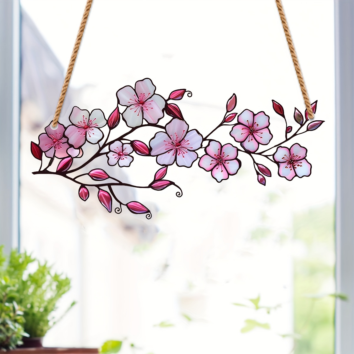 

1pc, Sakura Twig Stained Window Hanging, Colorful Flowers Stained Suncatcher Window, Indoor Outdoor Home Decor Garden Decoration, Flowers Wall Window Hanging Art Decoration Gifts For Flower Lovers