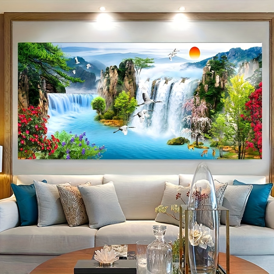 

Waterfall Sunset Landscape Canvas Painting, Lake Bird Posters Decors, Beautiful The Coloured Scenery Picture, Forest Wall Art Picture For Living Room Decor (no Framed)