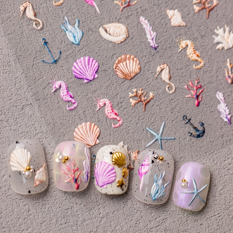 

Summer Ocean Theme Shell, Starfish, Seahorse, Coral, Seaweed, Adhesive Nail Stickers For Women - Diy Nail Art Supplies