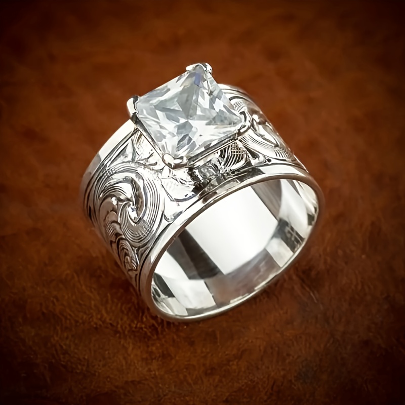 TEMU Vintage Minimalist Elegant Inlaid Zirconia Women's Wide Face Ring Wedding Banquet Perfect Gift