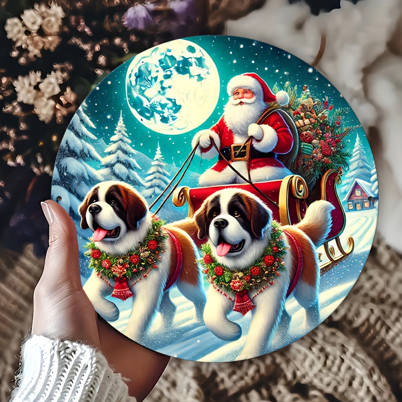 

1pc Americana Style Santa And St. Dogs Aluminum Sign - Waterproof, Rust-resistant 2d Print For Home, Office, Bar - Door With Floral Wreath Detail