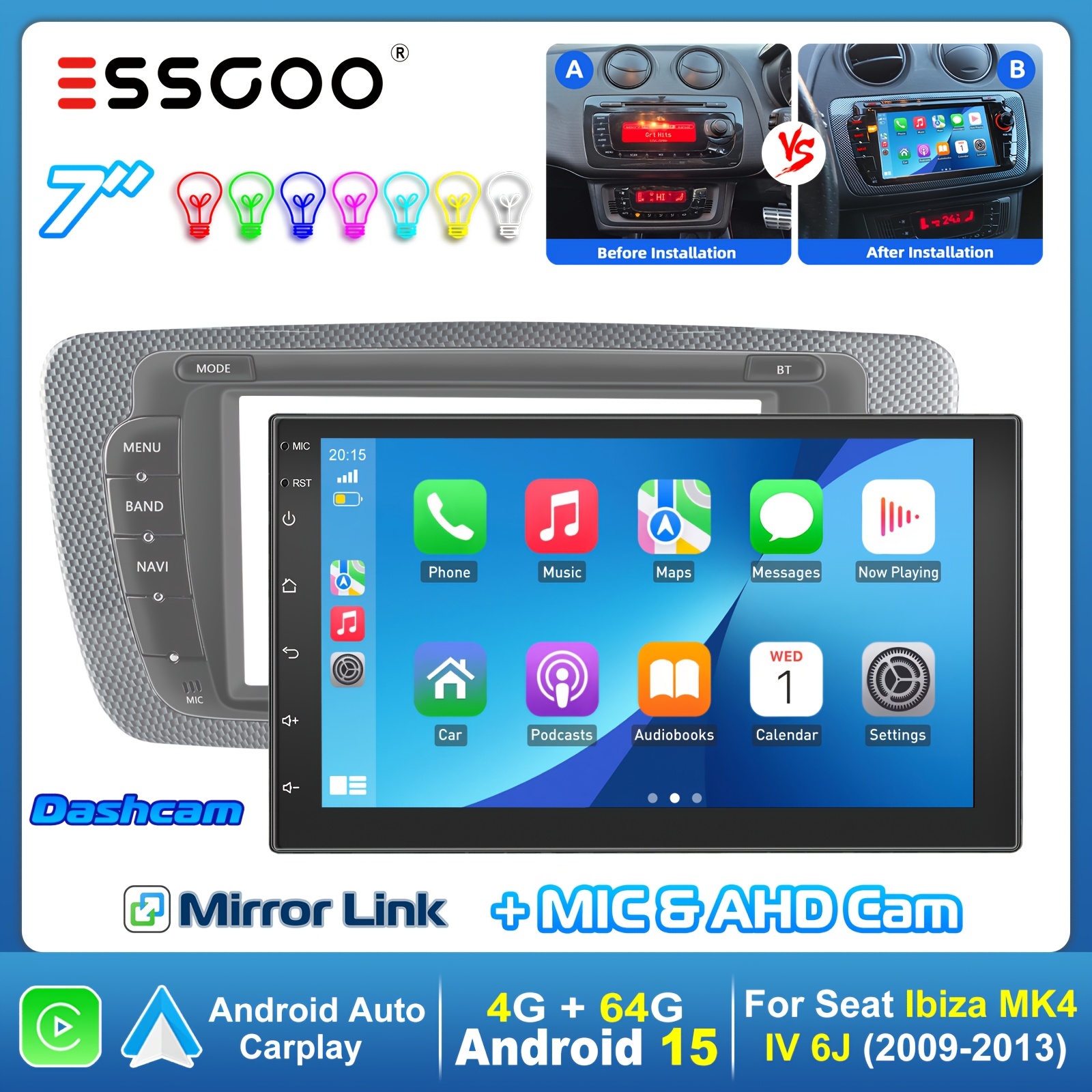 Image of Essgoo 15 4+64g Car Stereo Upgrade For Mk4 Iv 6j 2009-2013 | 7 Inch Screen With , Auto, Gps, Wifi, Fm, Rds, Usb, Eq, Steering Wheel Control, Control, Mic & Dashcam & Ahd