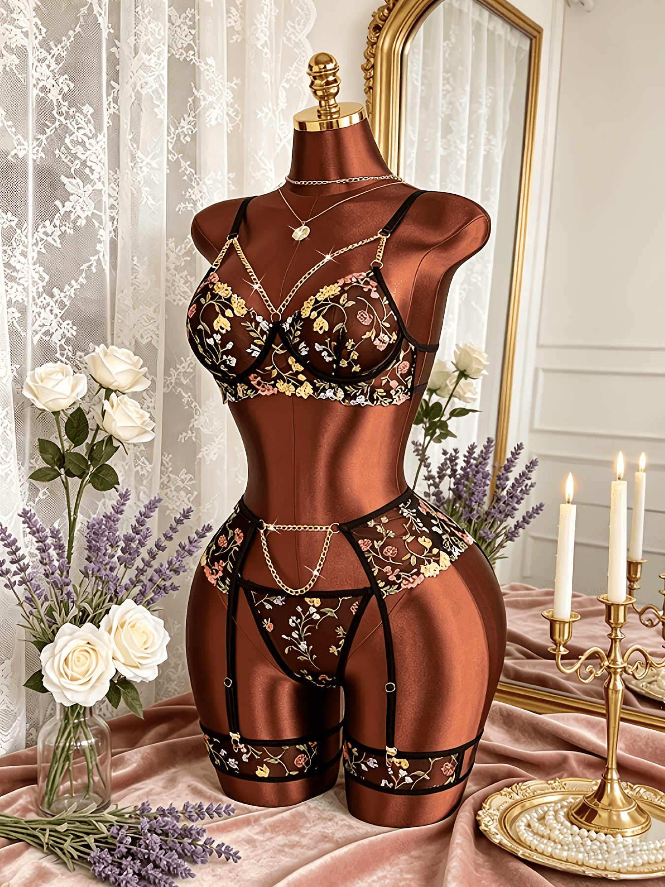 5pcs Women'S Vintage Floral Embroidery Sheer Mesh Lingerie Set * Design Bra  * Garter Belt Leg Rings, Women'S Romantic Lingerie Set