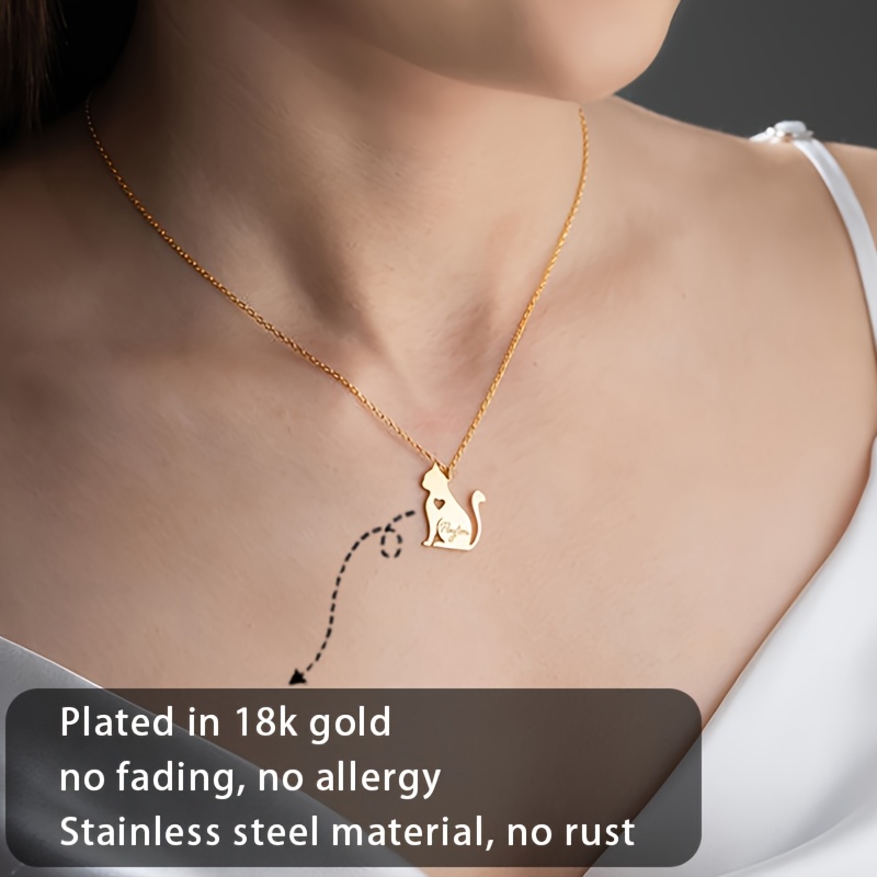 Custom Stainless Steel Cat Heart Necklace — Personalized Gift