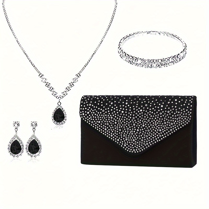 

4pcs Fashionable Clutch Bag With Magnetic Closure, Shoulder Bag With Chain Strap, With Necklace, Earrings, Bracelet,