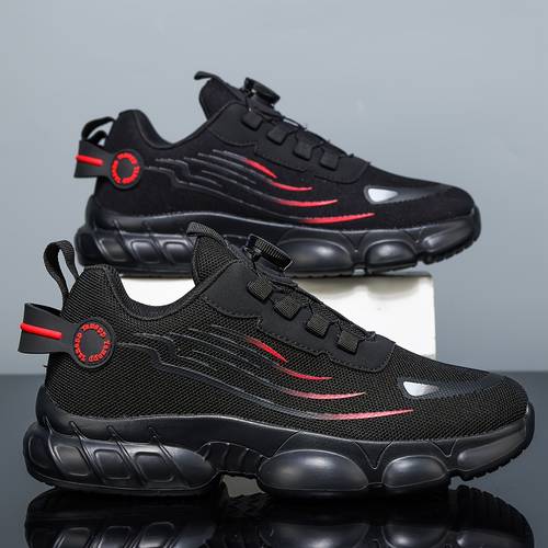 Artikelbild herren freizeit-sneaker mit drehknopf-schnalle weiterem zehenbereich, atmungsaktive plattform-polster-laufschuhe mit mesh, vielseitige schnürsenkellose, strapazierfähige fitness-papa-schuhe für den arbeitsweg, freizeitschuhe für herren