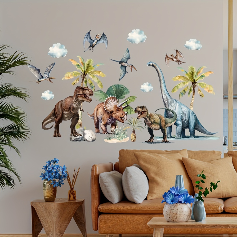 Image of Cartoon Dinosaur Sun Clouds Coconut Tree Theme Wall Stickers For Rooms Bedroom Living Room Sofa Background Wall Decoration Wall Stickers
