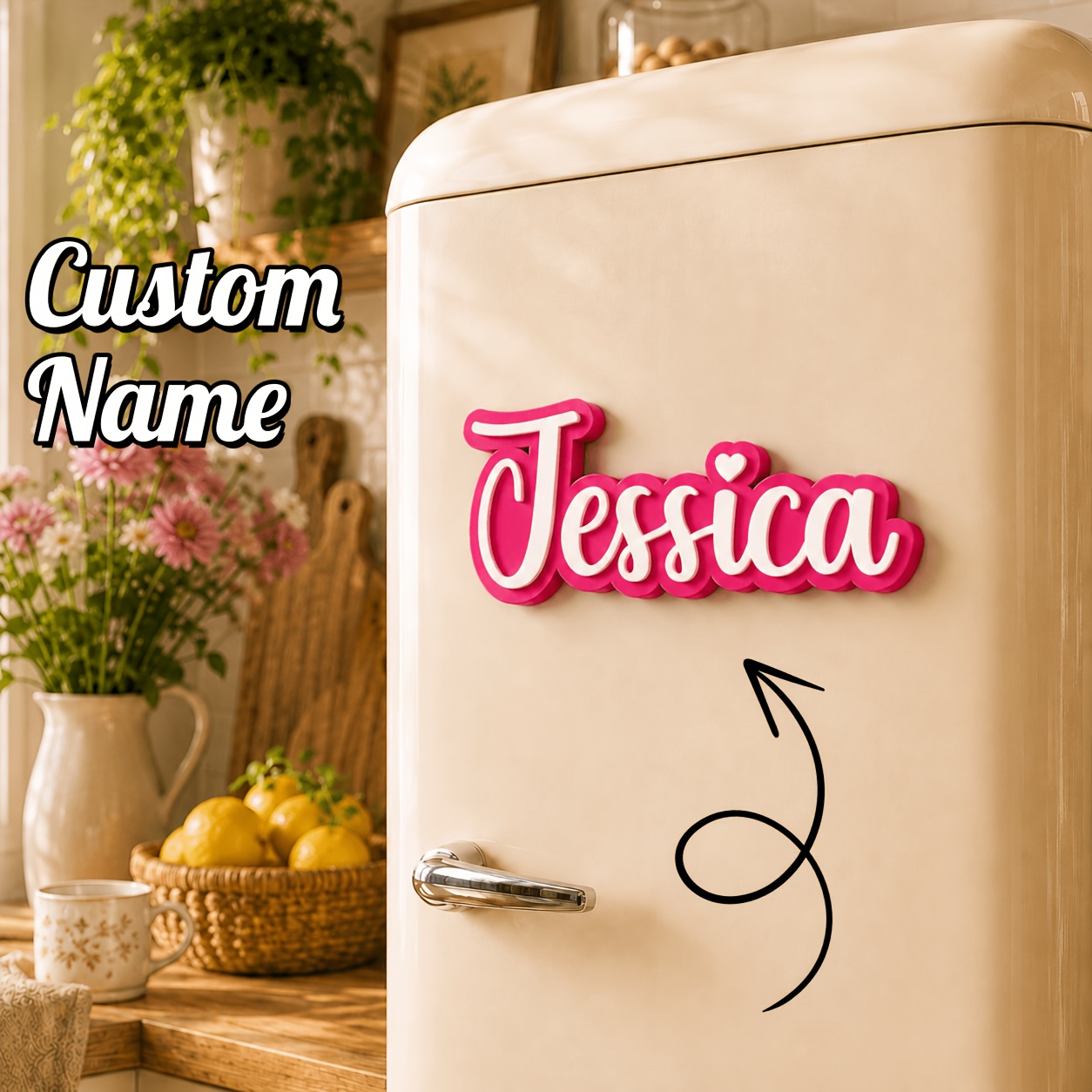 TEMU [custom] Personalized 3d Printed Name Refrigerator Sticker, In Multiple Colors, With Heart-shaped Embellishment Design And Magnetic Sticker,