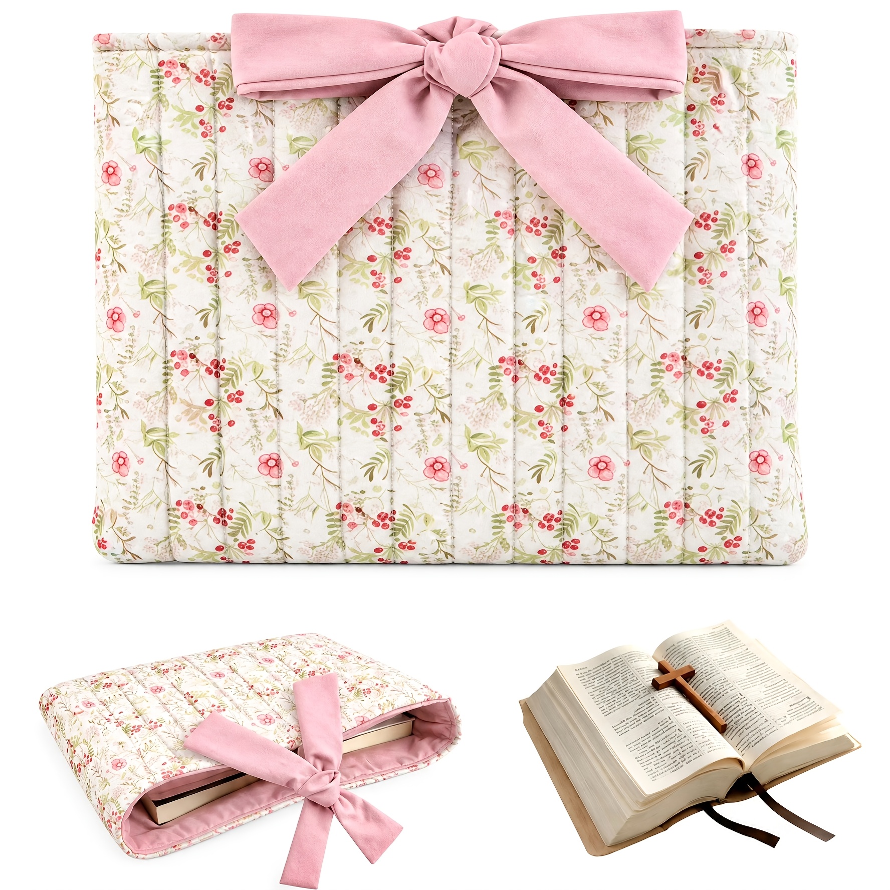 TEMU 1pc Pink Bow Floral Book Storage Bag Quilted Small Cloth Bag Large Capacity Cosmetic Bag, Multifunctional, Practical, Good-looking And