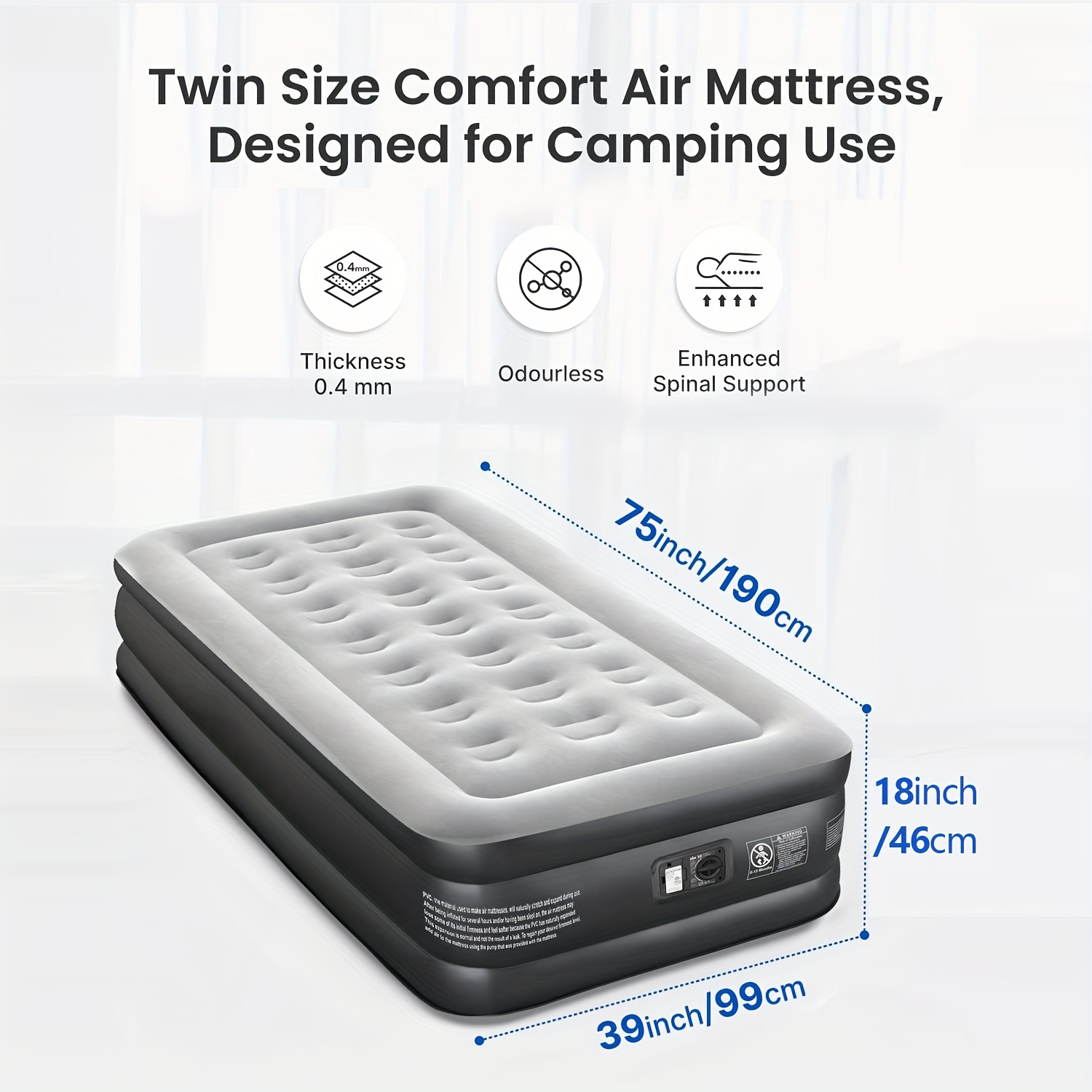 TEMU Outdoor Air Mattress 18" Twin Size Air Mattress, Blow Up Mattress Twin With Built In Pump, Inflatable Flocked Surface For Home Guest, Portable