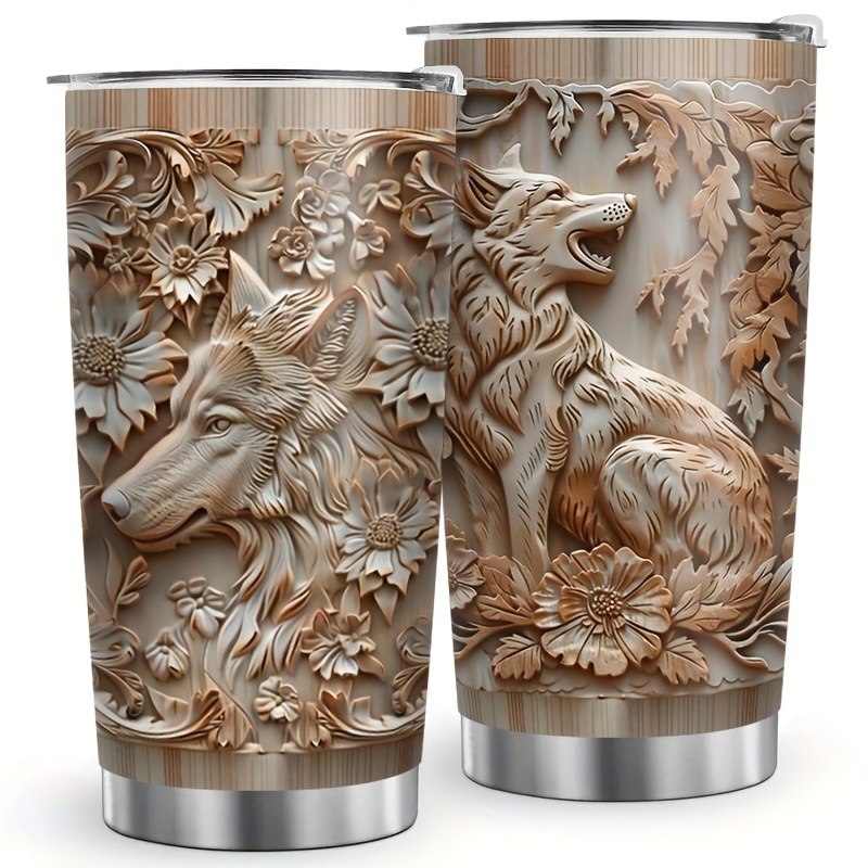 

20 Oz Stainless Steel Wood Grain Wolf Insulated Coffee Cup - Perfect Gift For Friends And Family