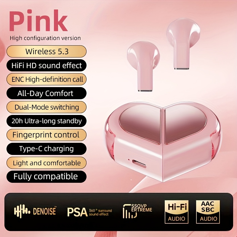 TEMU Fashionable Heart-shaped Wireless Earbuds, Foldable And Transformable Headphones, 9d , Call Noise Reduction, Low Latency, Type-c Charging With