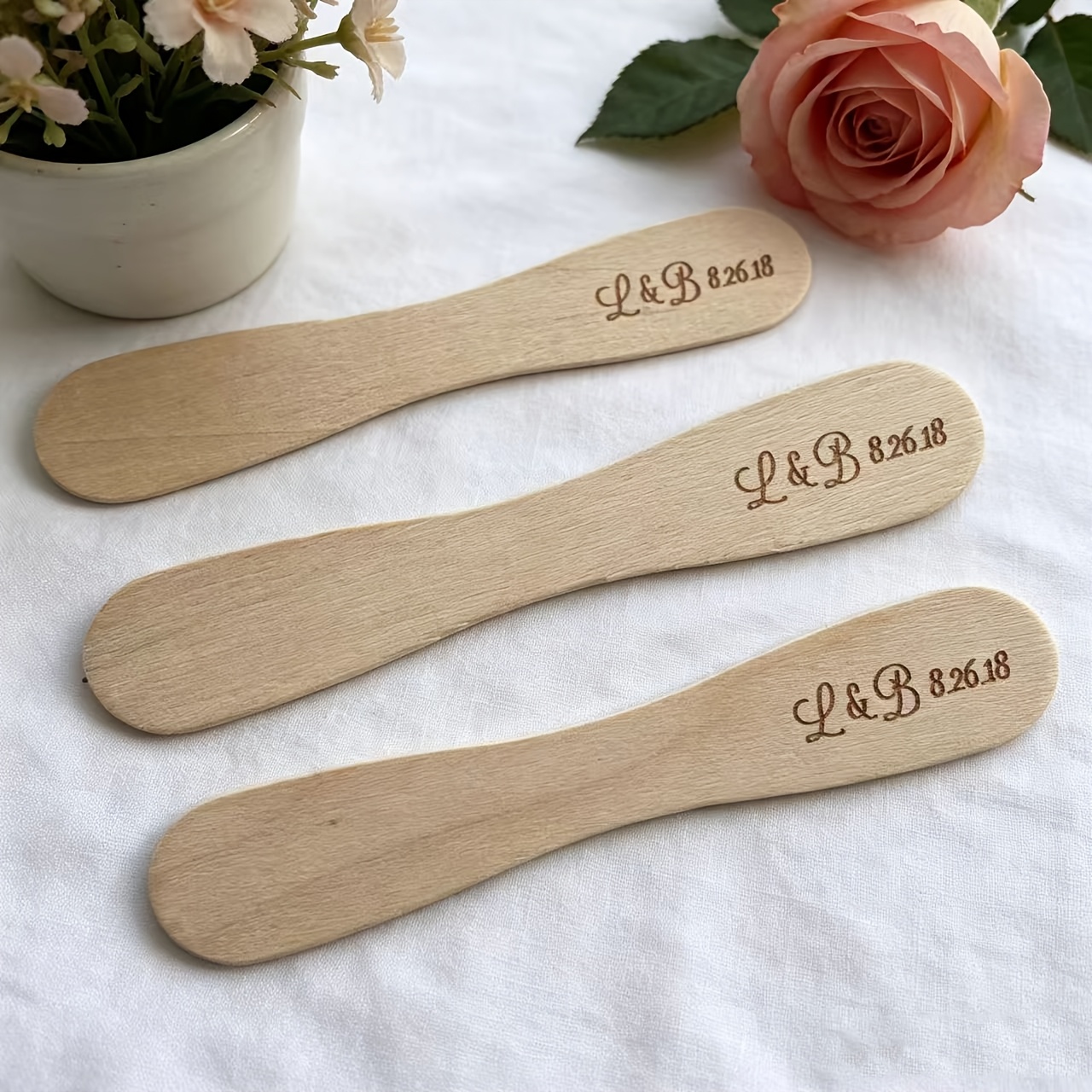 Custom Personalized Disposable Stir Sticks   Ice Cream Sticks Bow Wood Sticks Flat Ice Cream Spoon Sticks Wedding DIY Invitation Cake Decoration Birthday