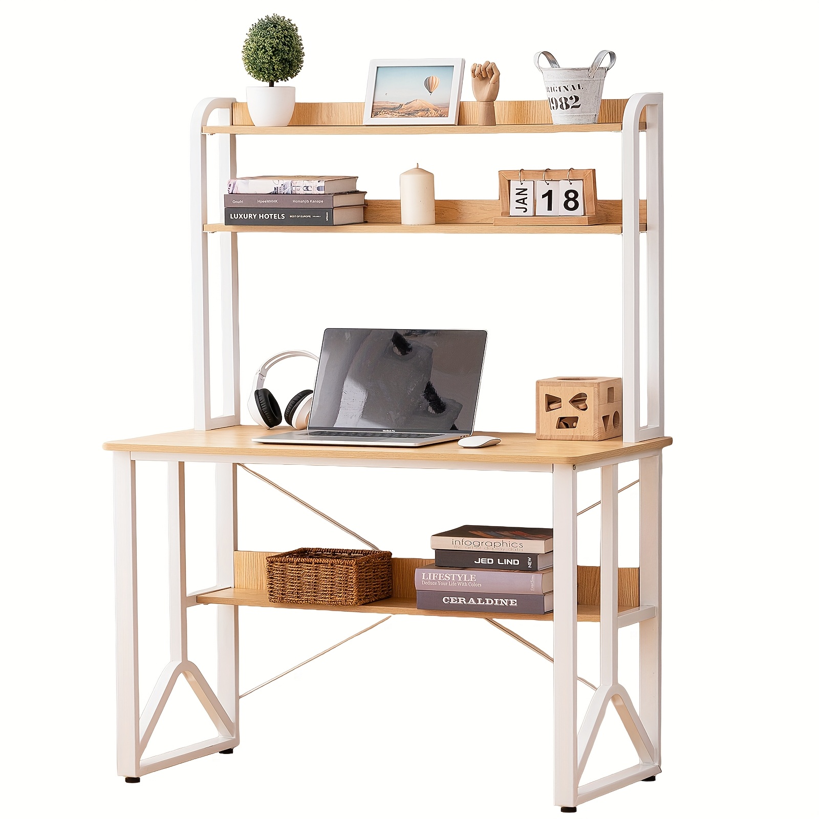 Modern Desk 100x50cm, Double Layer Anti Fall Shelves & Y-shaped Stable Frame, Student Desk With Safety Edge
