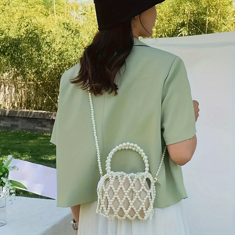 

Elegant Hollow Pearl Beaded Mini Crossbody Bag With Classic Top Handle, Includes Drawstring Pouch