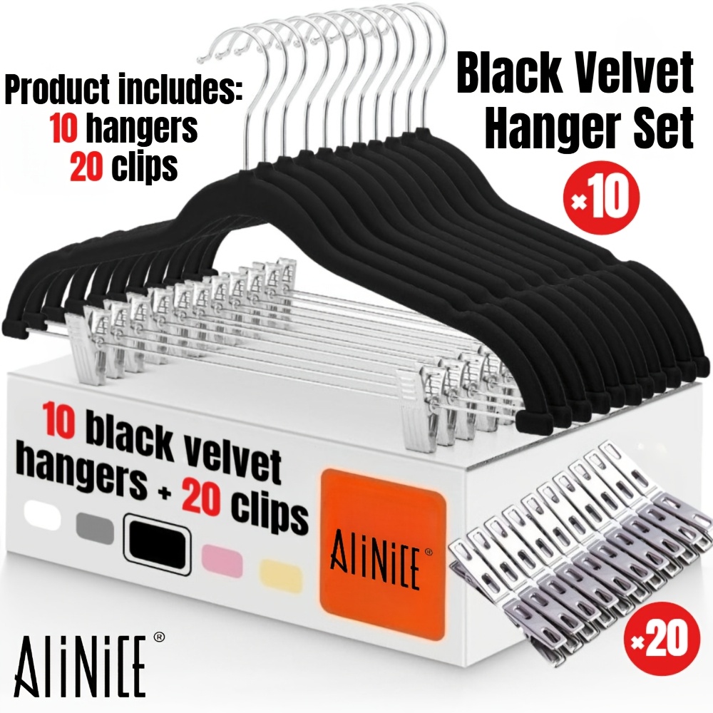 TEMU 10 Black Velvet Hangers + 20 Metal Clips. Ultra Thin Space Saving Anti Slip Hangers, Durable Hangers With Clips. Suitable For Skirts, Shorts And