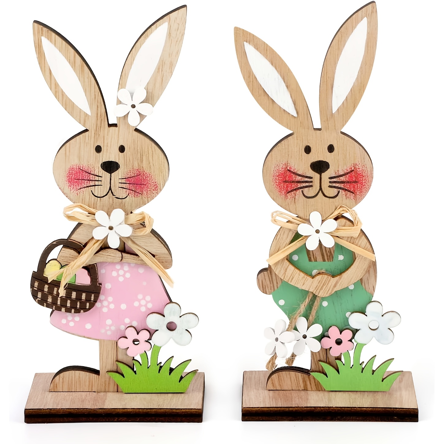 

2pcs Wooden Easter Bunny Decoration Set With Flower Accents And Basket - No Power Needed, Featherless, Garden And Home Display