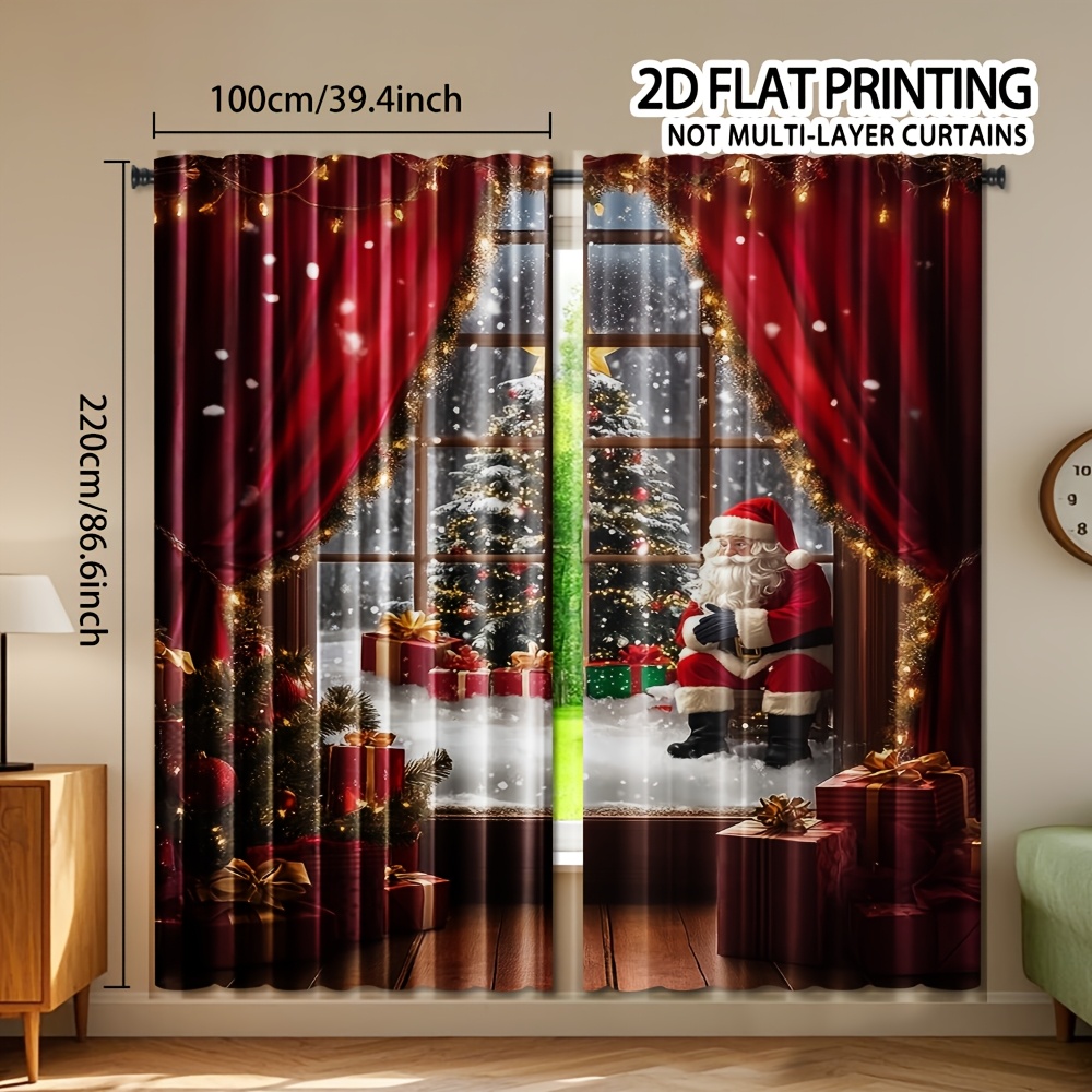 2d Flat - 2d Flat Printing, 2pcs, Santa Claus Print Christmas Curtains, Rod , Polyester, Doorway Curtain For Living Room And Bedroom, Doorway Curtain For Kitchen And Holiday Decor