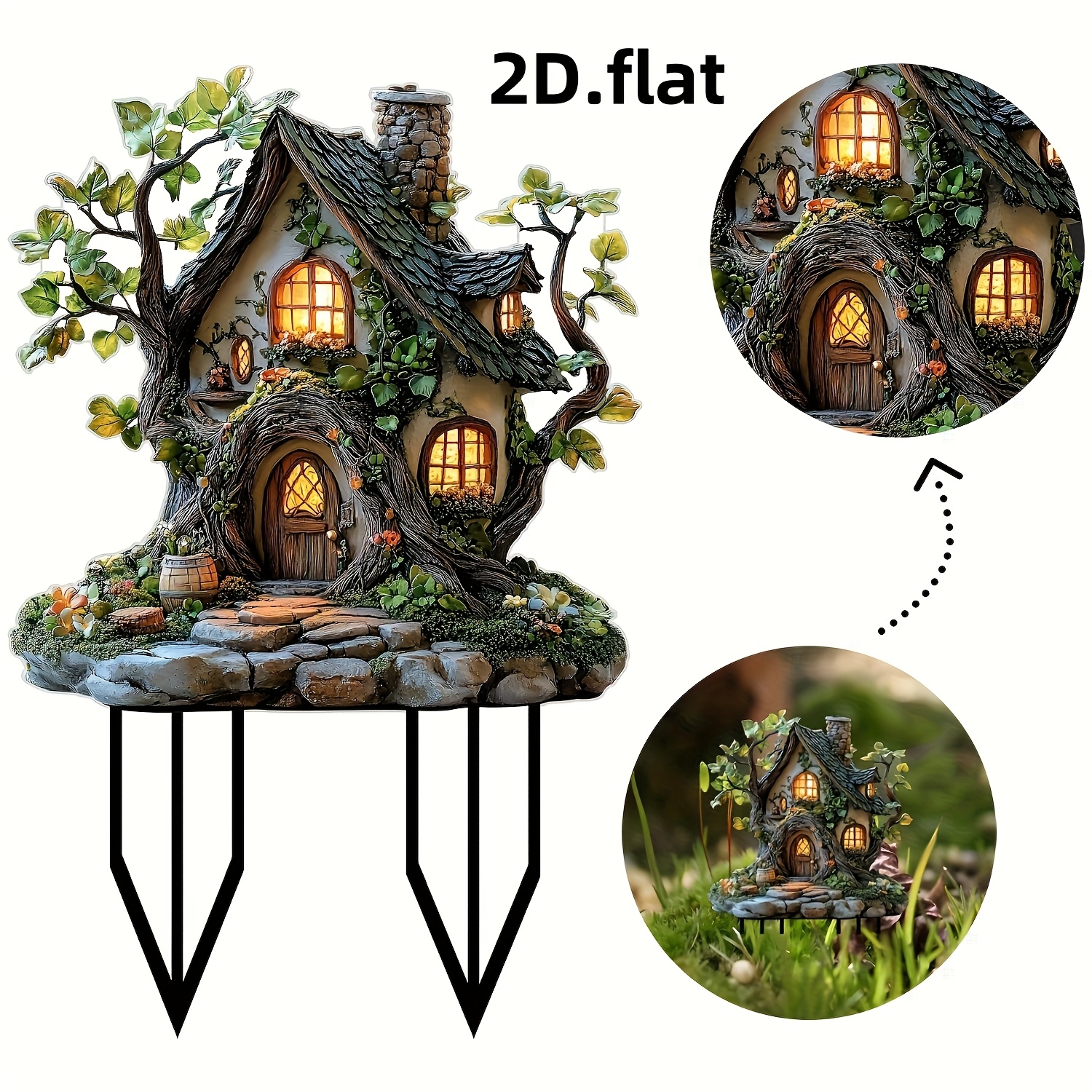 

2d Flat.whimsical Bohemian Fairy Tale Tree House Garden Flag - Waterproof, No-power Needed, Crystal & Cottage Design For Festive Christmas Outdoor Lawn Decoration, Ideal Gift For Friends