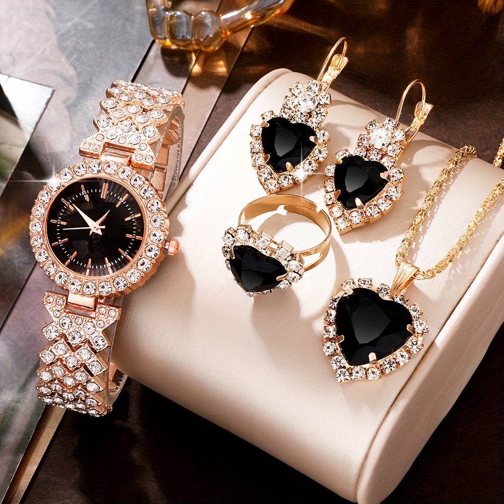 

5pcs/set Luxury Rhinestone Quartz Watch Elegant Fashion Analog Wrist Watch & Synthetic Gem Jewelry Set, Gift For Women Her