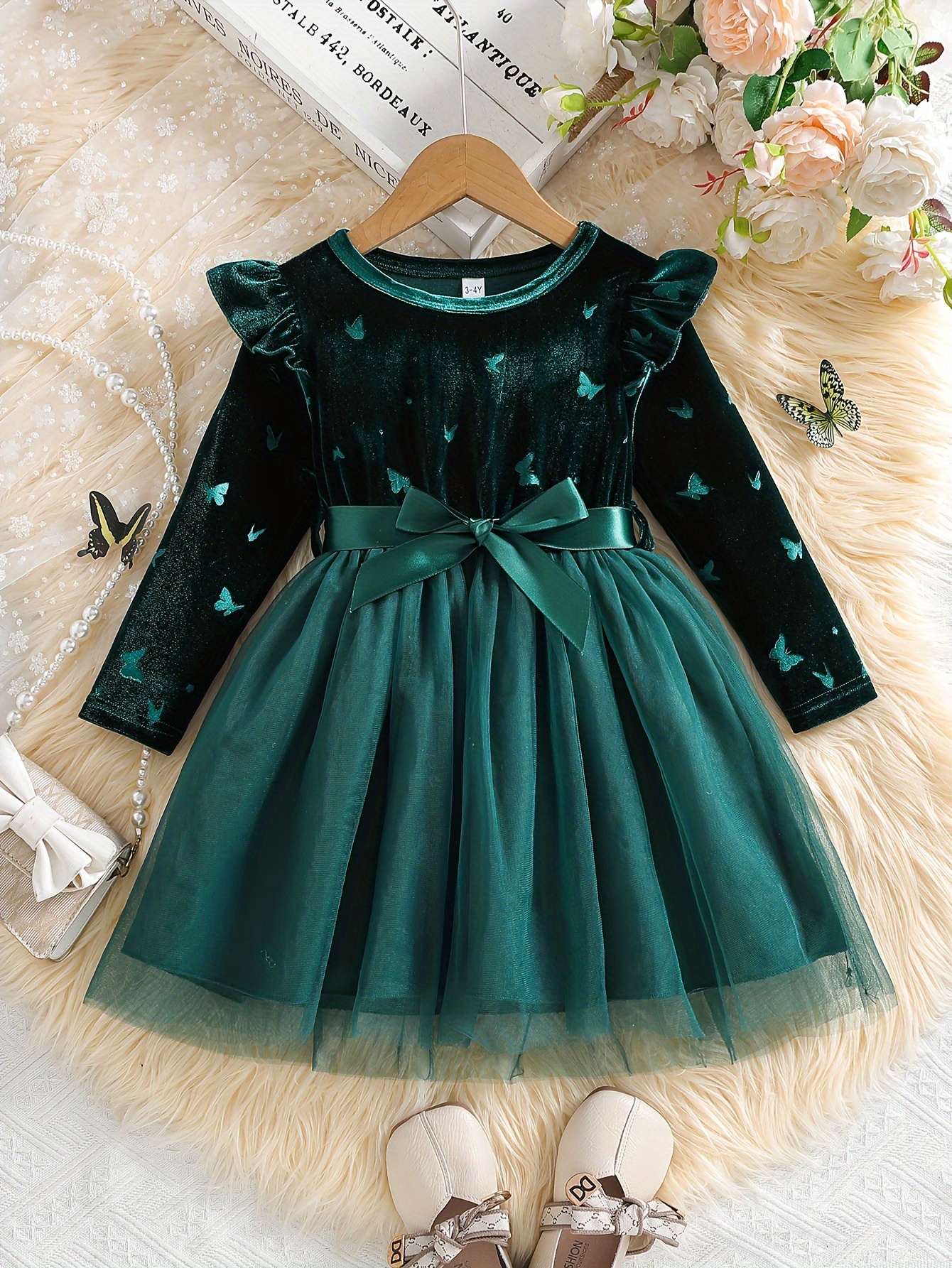 chinese dress ladies Dark Green Velvet Dress with Long Sleeves Dark Green / US 16