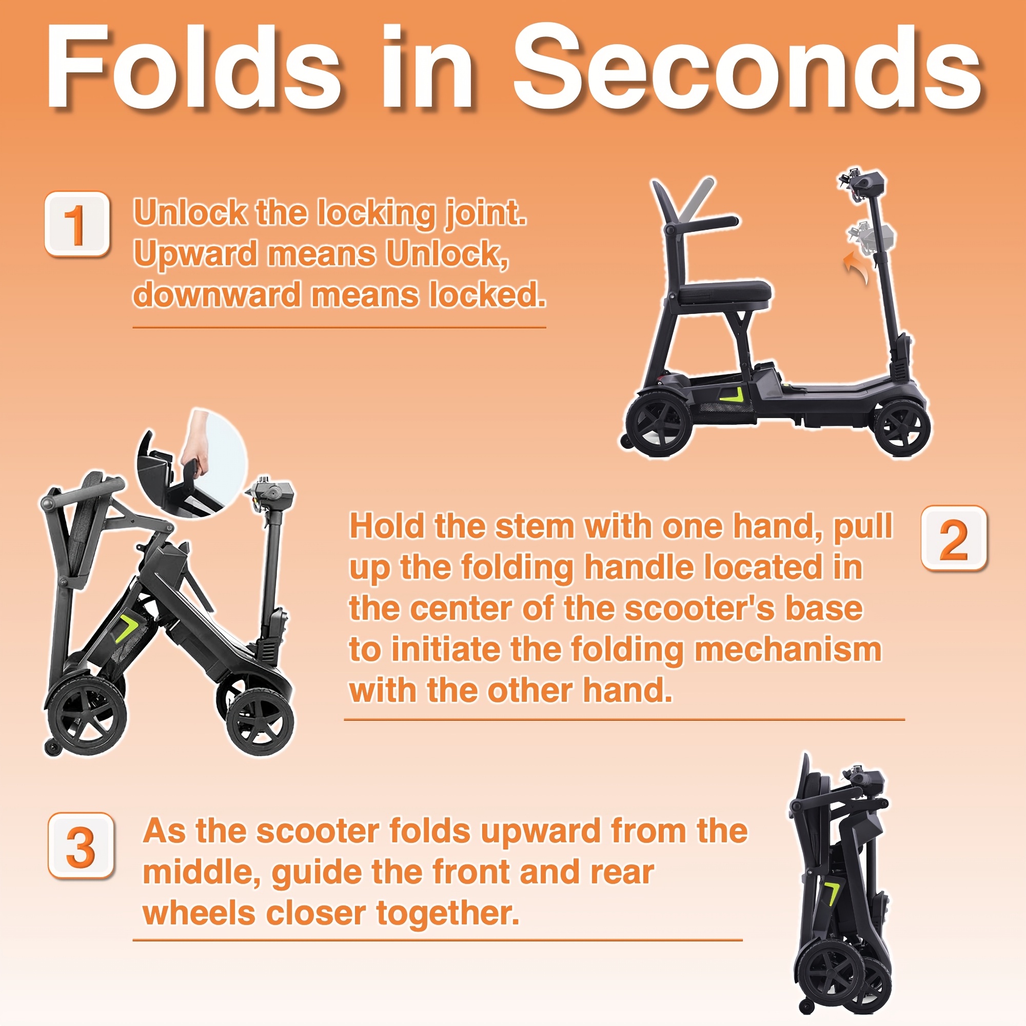 a lightweight foldable four wheeled electric mobility scooter suitable for seniors and adults   with dual removable batteries meeting air travel   offering a long range and a   of 5 mph Product details 7