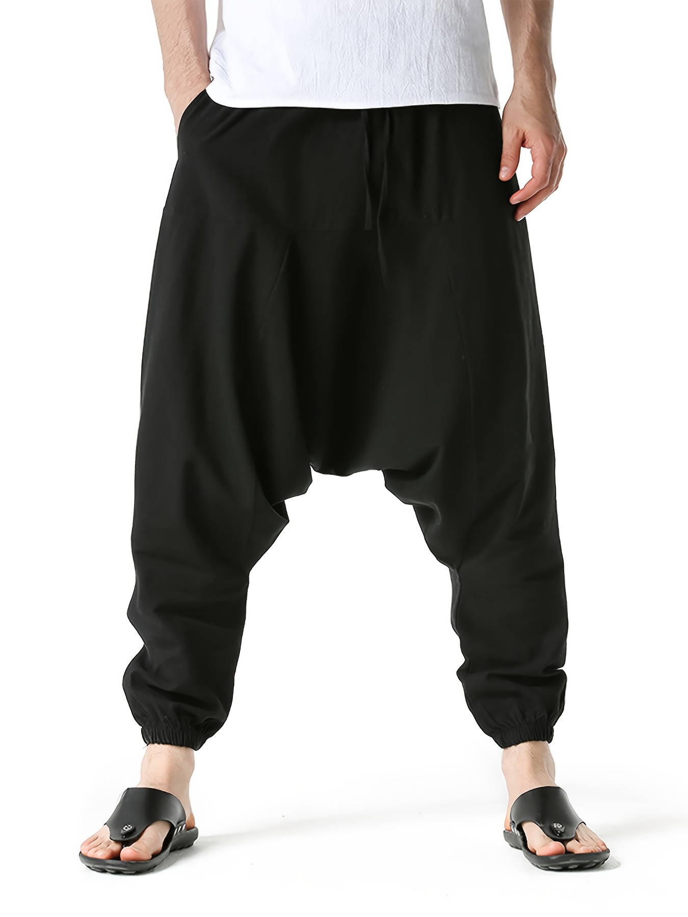 Pantalon Harem Homme Coton Lin Pantalon Harem Homme en Coton et Lin - Taille Oversize à Jambes Larges avec Entrejambe Tombant, Coupe Décontractée Sans Ceinture (S-XXXL) | Tissu Respirant pour Printemps/Automne, Tenue Décontractée et Extérieure | Pantalon Harem Style Bohème à Taille Moyenne pour Homme