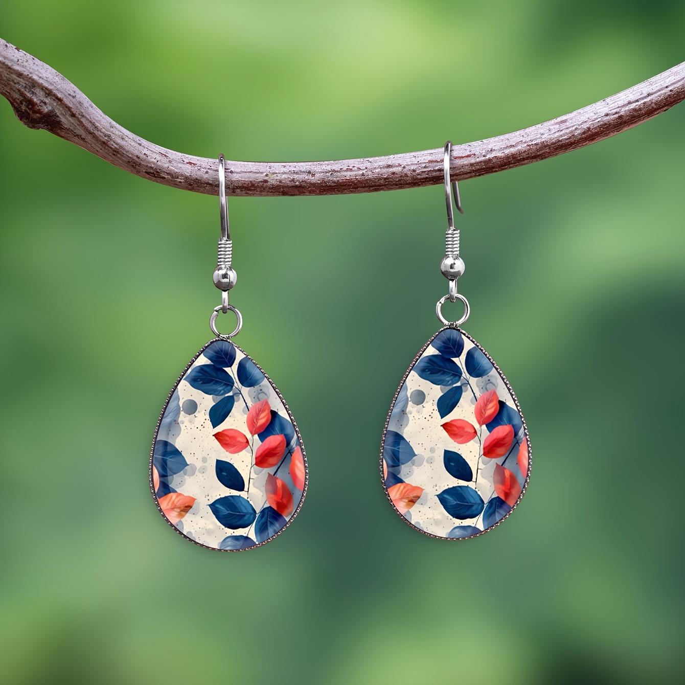 TEMU 1 Paire de boucles d'oreilles de en acier inoxydable 316 avec verre convexe et motif de feuilles à de couleurs , style facile et élégant,