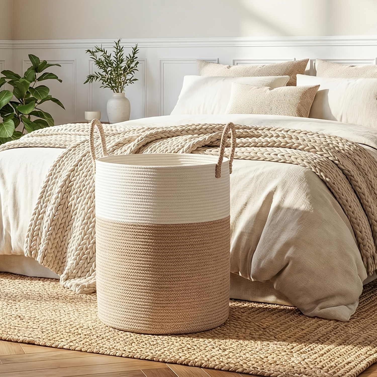 Large Laundry Basket Hamper - 60L Rope Woven Storage Basket for Blankets, Clothes - Tall Decorative Nursery Hamper with Long Handles, Decorative Blanket Basket for Living Room, Laundry Hamper, Nursery Organizer, Beige Rope Basket, Shelf Baskets