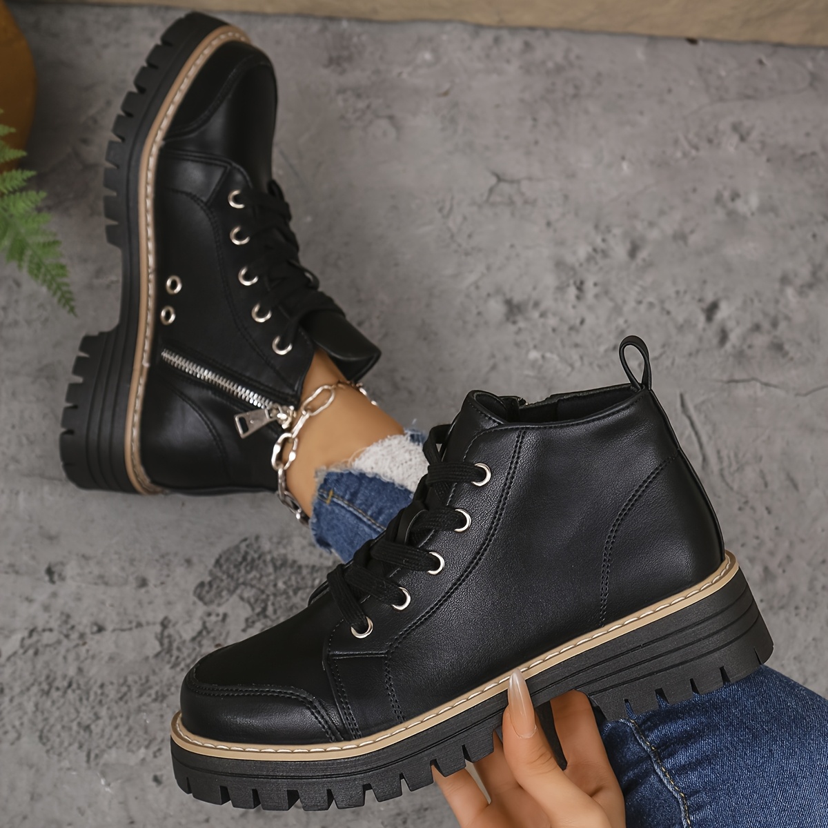 071a black pu round toe zipper low platform heel casual Temu