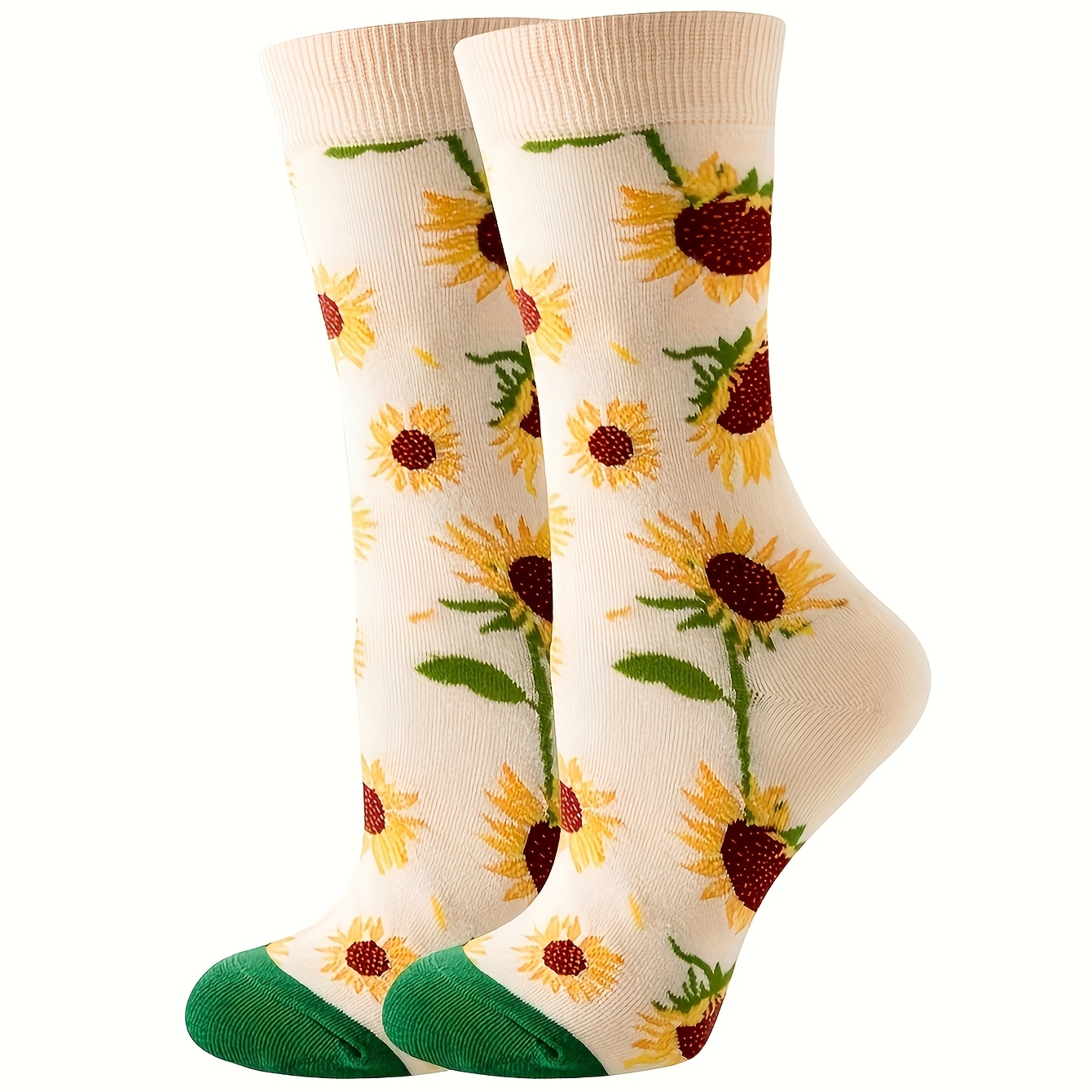 TEMU 1 Pair Women's Elegant Sunflower Print Mid-calf Socks - , Vibrant , Hand Wash Only, Casual & Dressy Wear, Floral Socks, Soft Fabric Construction, Casual Attire, , Sock Collectors