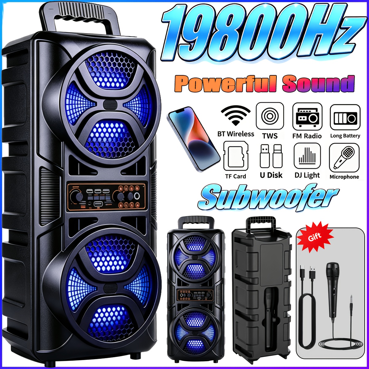 TEMU High Power Portable Wireless Speaker With Mic, Bluetooth Speaker, Rich Sound, Tws Stereo, Tf Card, Usb Play, Long Lasting Battery, Parties,