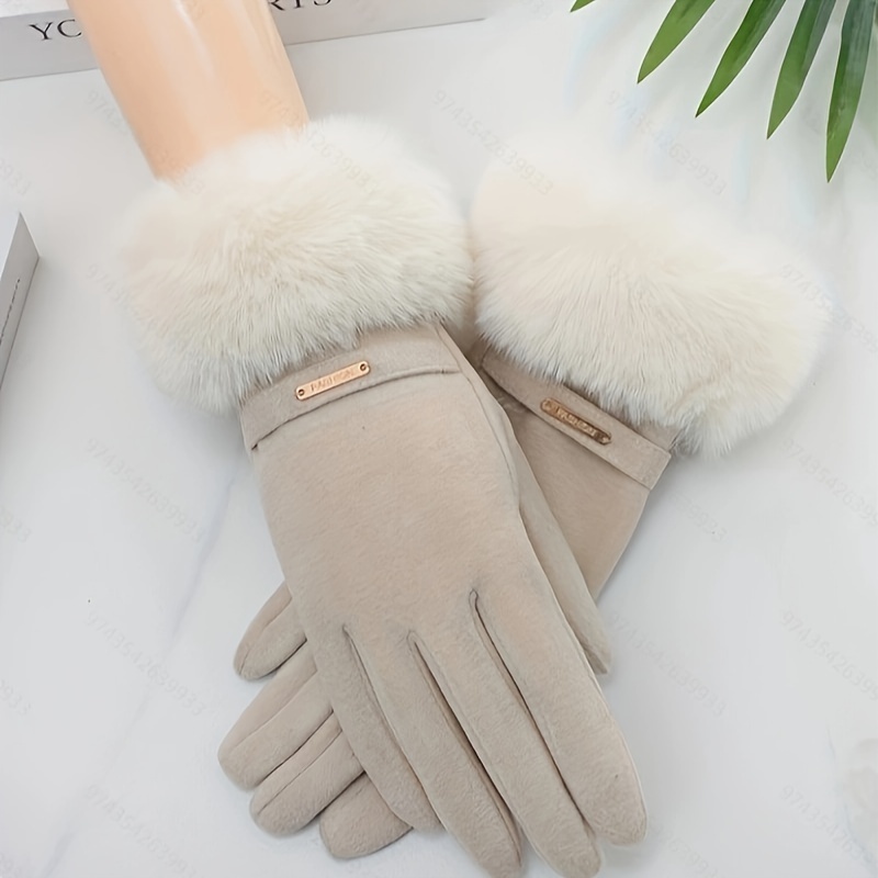 TEMU Women's Touchscreen Gloves - Thick, & Windproof Rabbit Fur Cuffs, Fit For